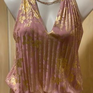 Pink Gold Floral Pleated Sleeveless Halter Maxi